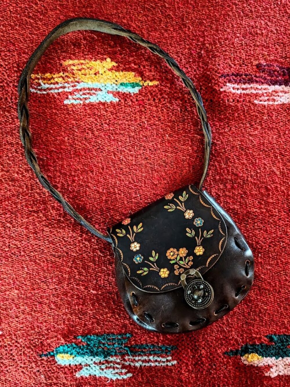 Vintage Hand Tooled Painted Flowers Brown Leather Crossbody